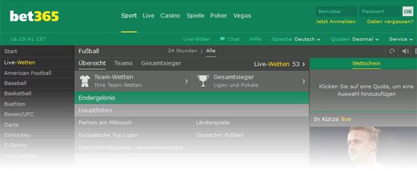 Sportwetten bei Bet365 Die Wettseite von Bet365