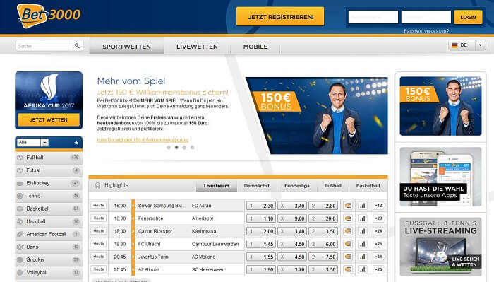 Die Wettseite von Bet3000 Bet3000-Webseite