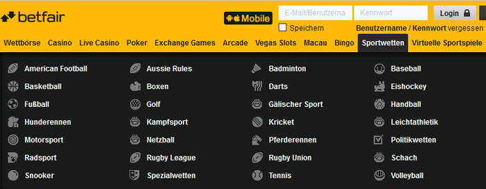 Betfair Wettangebot