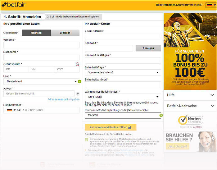 Betfair-Anmeldung