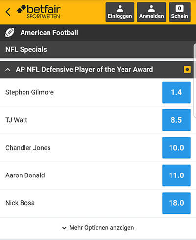 Dolphins Patriots Quoten DPOY Betfair