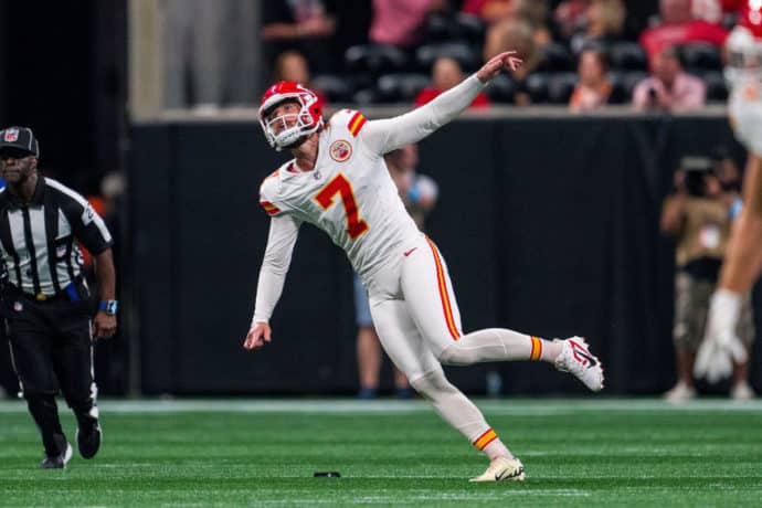 49ers Chiefs Tipp Bild zeigt Harrison Butker © Associated Press / Alamy Stock Photo