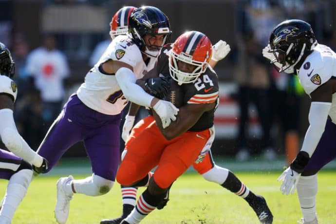 Saints Browns Tipp Bild zeigt Nick Chubb © Associated Press / Alamy Stock Photo