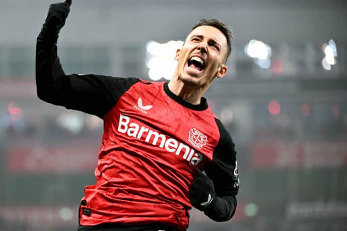 Atletico Madrid Leverkusen Tipp Bild zeigt Alejandro Grimaldo © Powerpics / Alamy Stock Photo