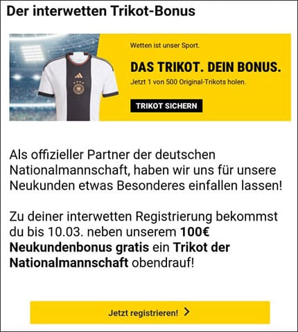 Interwetten: 100% Bonus bis 100 Euro und DFB Trikot