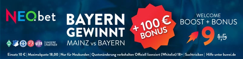 500%  Quotenboost zu Mainz vs. Bayern mit NEO.bet Bonuscode wetten500